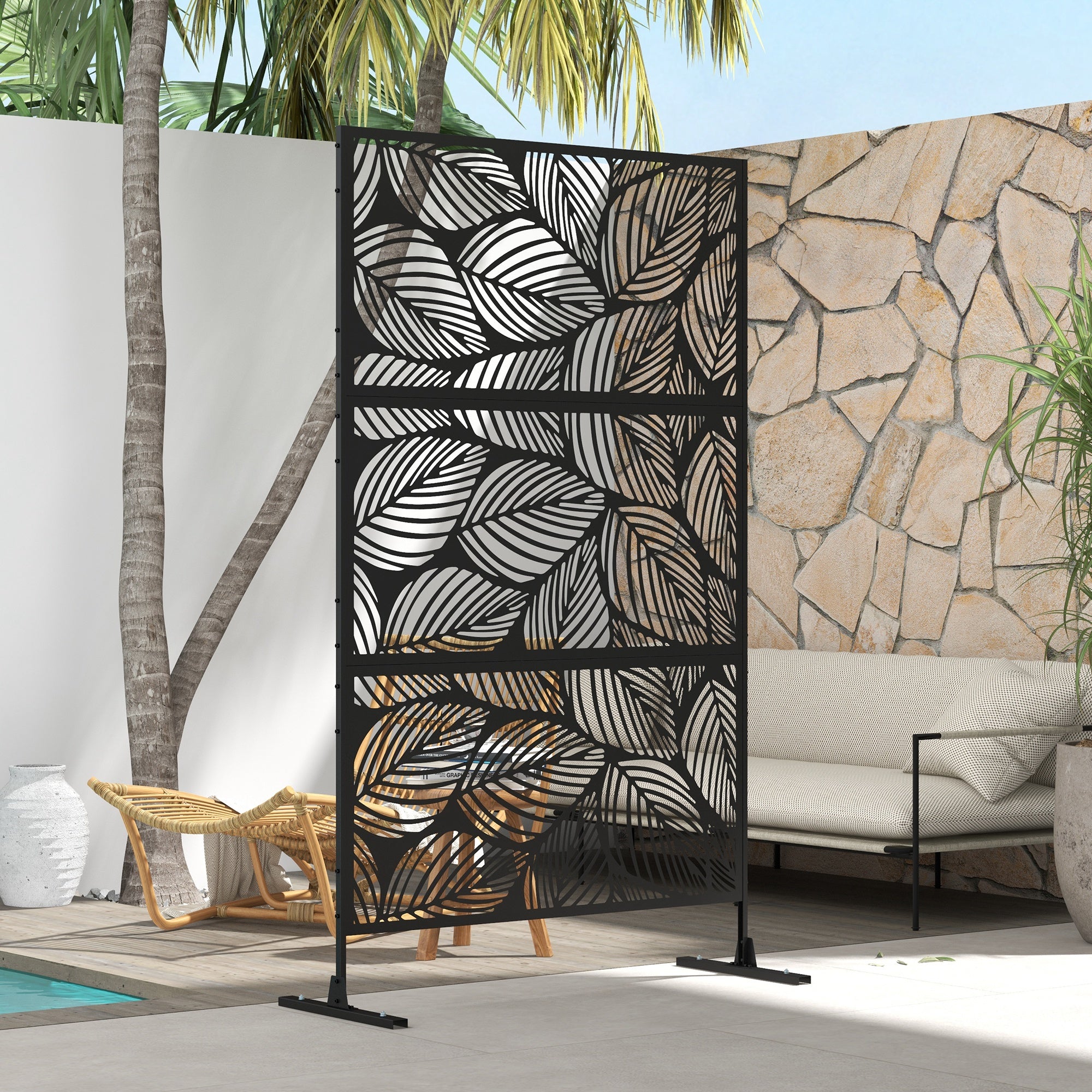 Outsunny decorative outdoor paragraph in steel with leaf design, 122x198cm, black - Borgè
