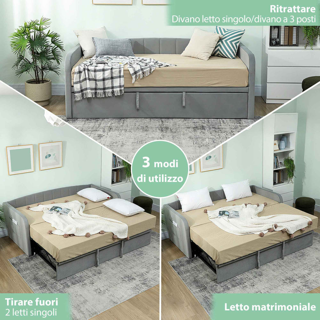 HOMCOM 3-Seater Sofa Bed with Pull-Out Cot, Convertible to a Double Bed, 205 x 186 x 75 cm, Light Grey