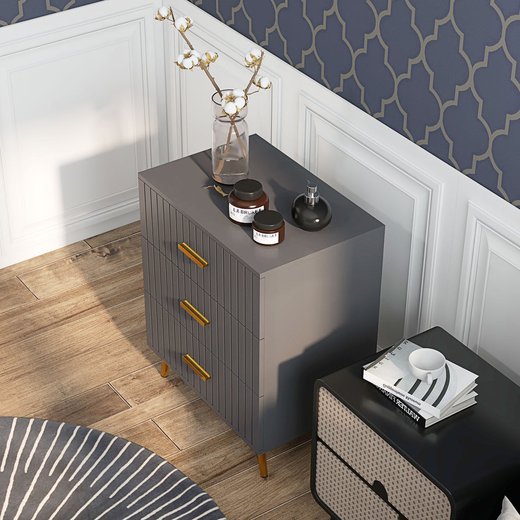 Modern 3 Drawer Chest of Drawers in Wood and Aluminum, 60x40x71.5 cm, Gold and Dark Grey