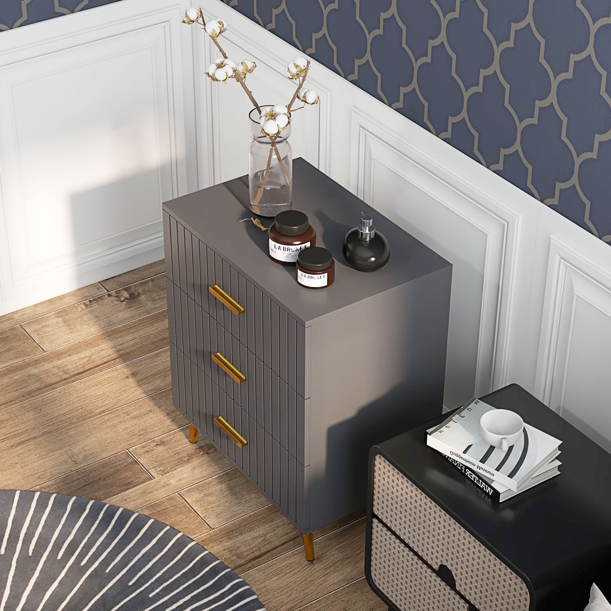 Modern 3 Drawer Chest of Drawers in Wood and Aluminum, 60x40x71.5 cm, Gold and Dark Grey
