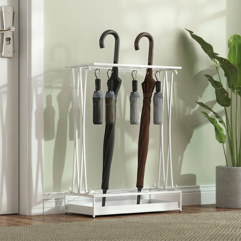 HOMCOM Umbrella Stand with Water Tray, 21 Holes and 24 Umbrella Hooks, Steel, 50x24x68 cm, White