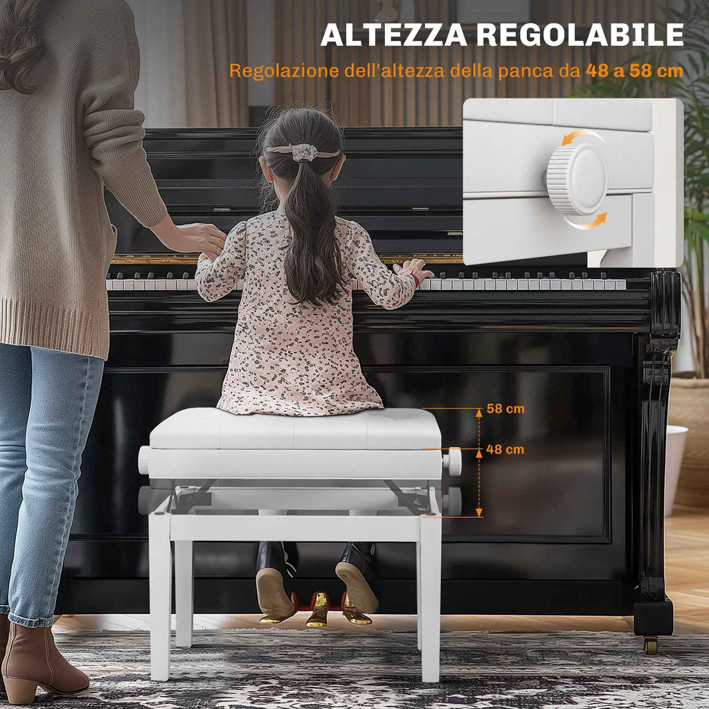 HOMCOM Adjustable Piano Stool with Storage Compartment and Padded Seat, 54.5x33x48-58 cm, White
