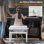 HOMCOM Adjustable Piano Stool with Storage Compartment and Padded Seat, 54.5x33x48-58 cm, White