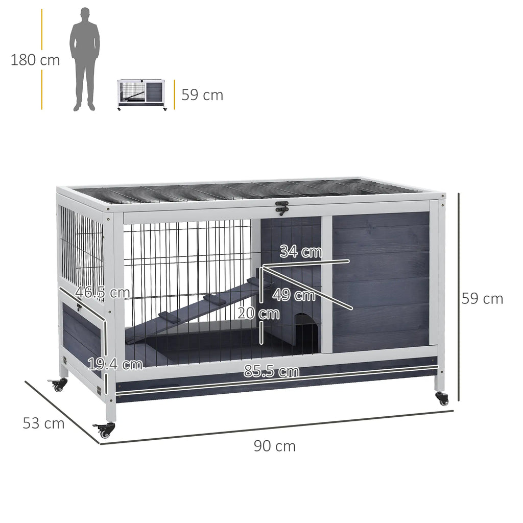 Rabbit and Guinea Pig Cage with 4 Wheels, House and Ramp, Natural Wood, Grey and White, 90x53x59cm - Borge' Group Limited