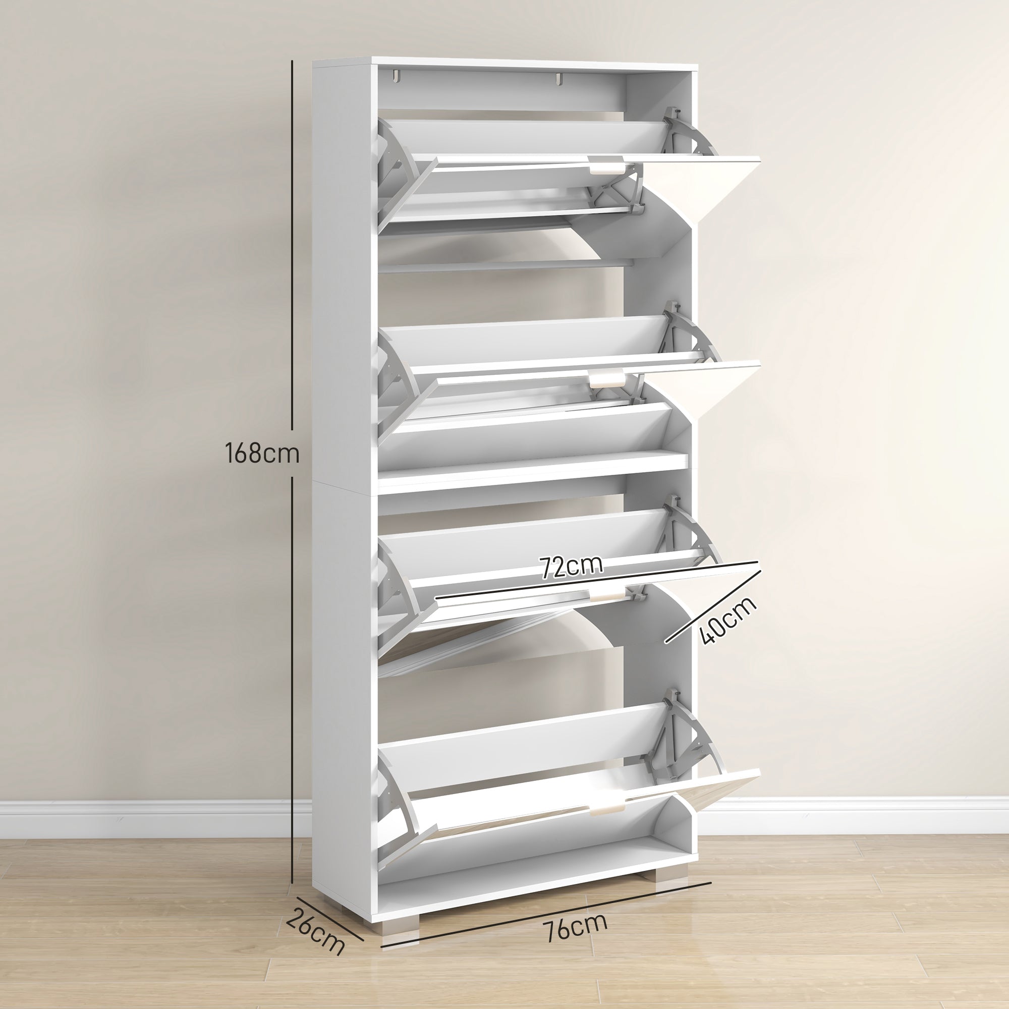 Space-Saving Slim Shoe Rack with Mirror and 4 Drawers for 24 Pairs of Shoes, 76x26x178cm, White