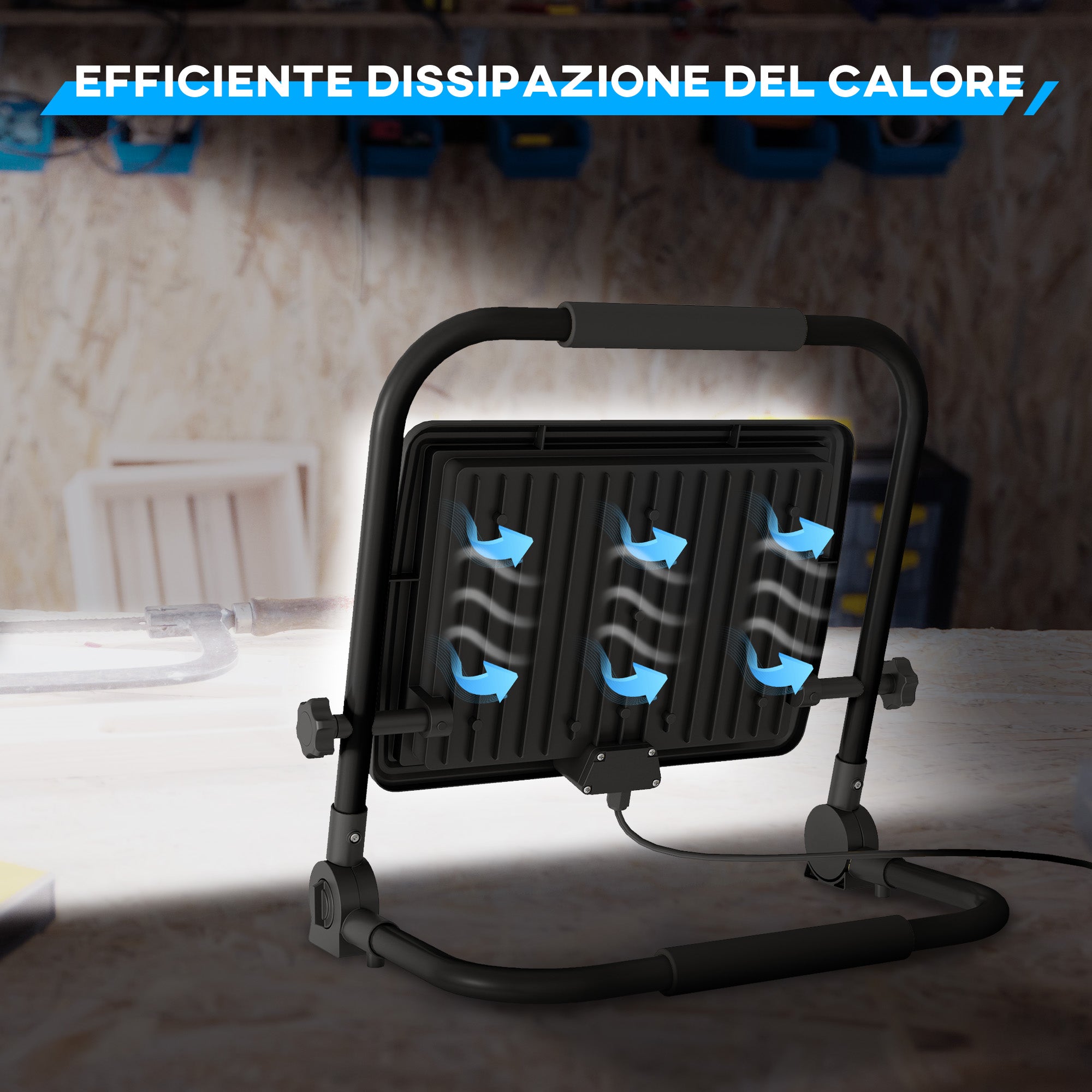 6500K LED Work Spotlight with Swivel Head and Adjustable Support, in Aluminum and Metal, 35x20x32 cm, Black