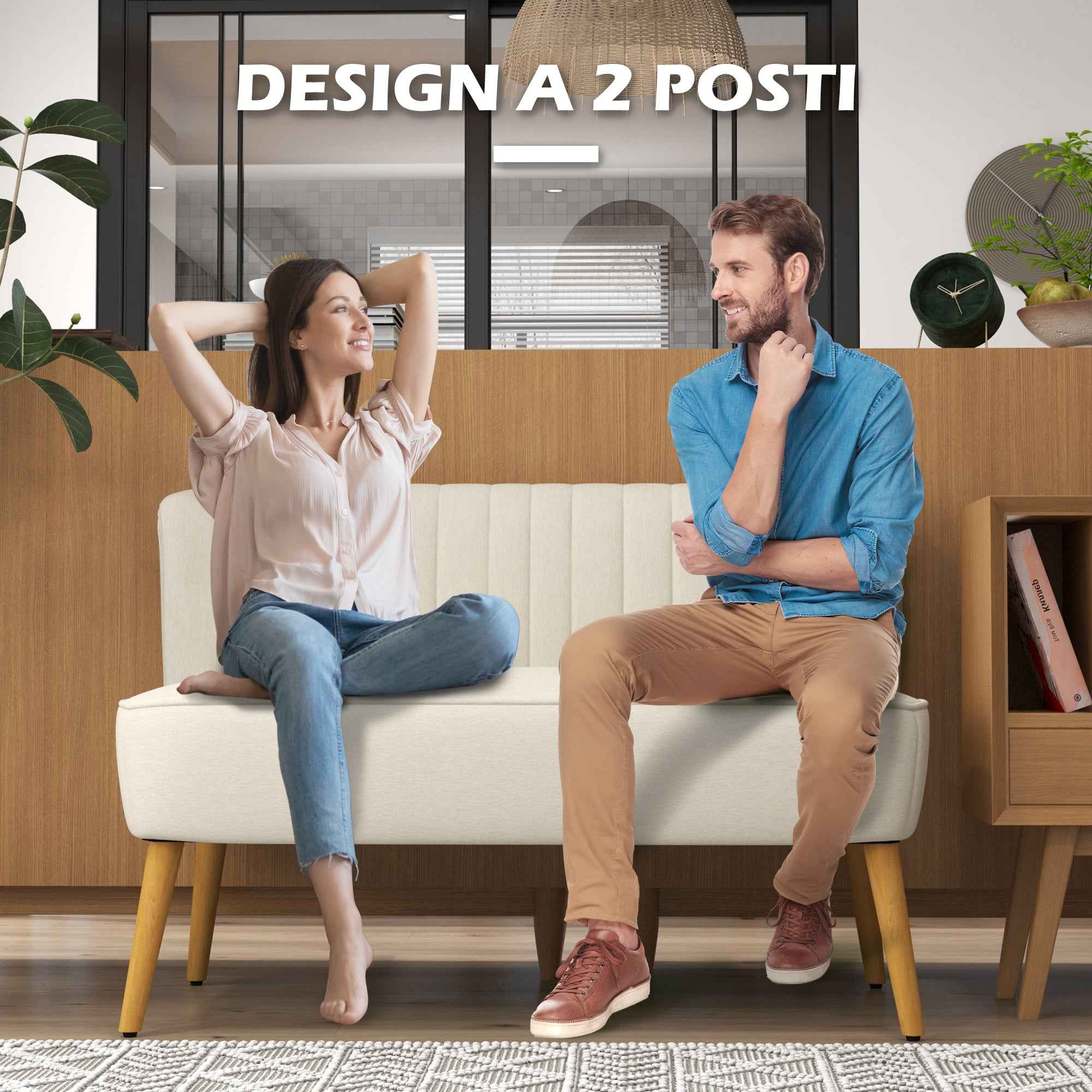 2-Seater Sofa in Linen-Effect Fabric without Armrests with Wooden Legs, 117x56.5x77 cm, Cream White