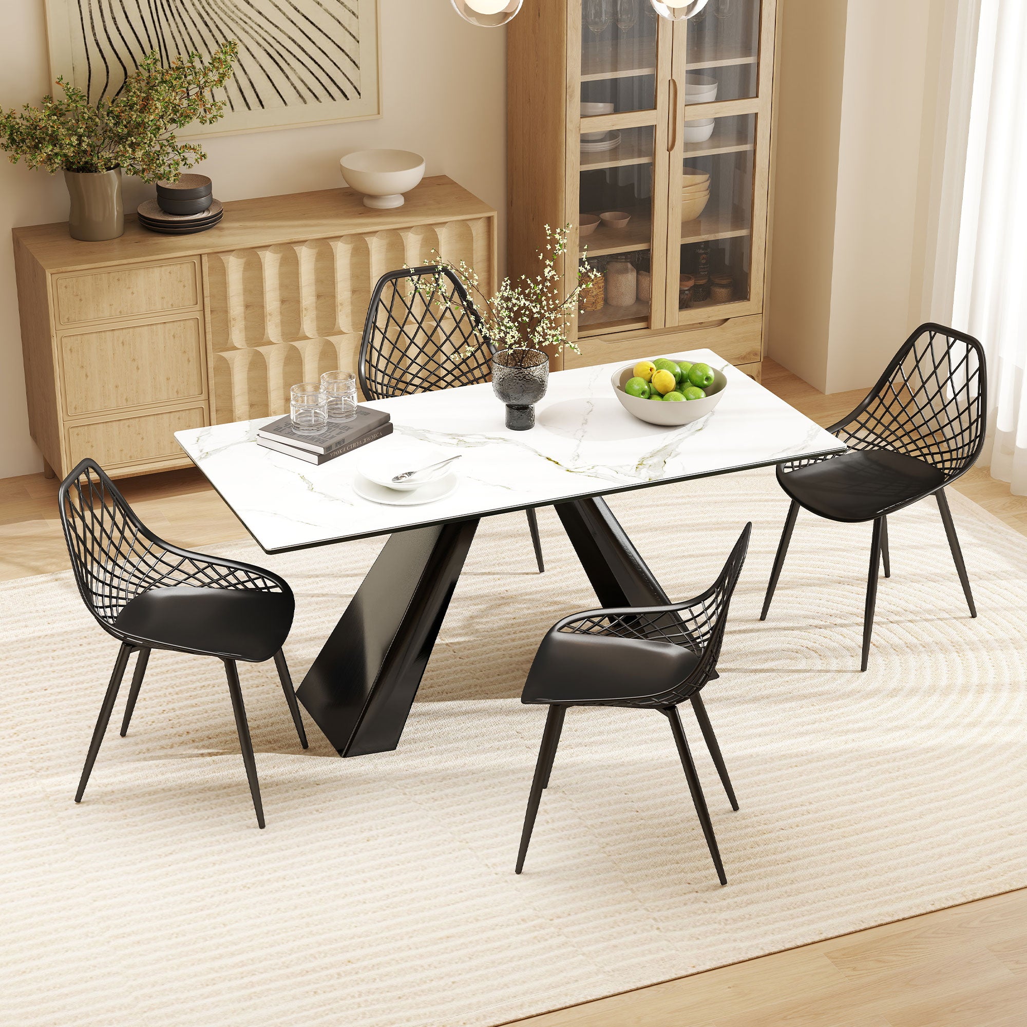 Set of 4 Modern Dining Chairs with Perforated Backrest in Plastic and Metal Legs, Black