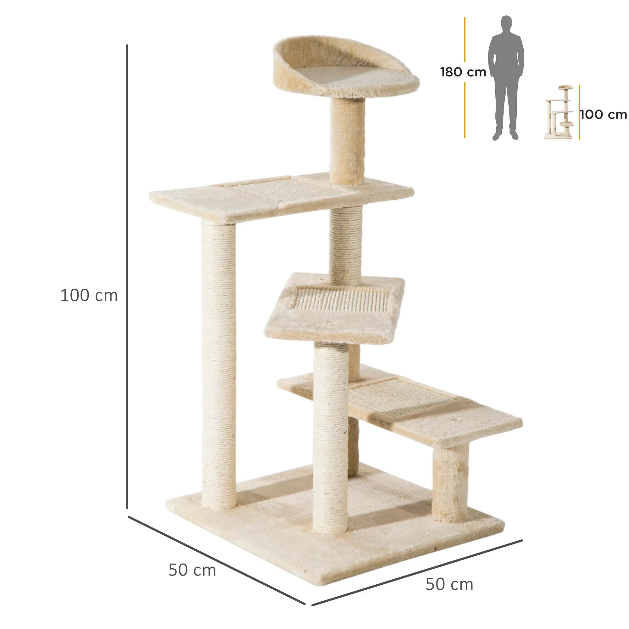 Multi-Level Cat Perch with Sisal Scratching Post, Cat Tree with Platforms and Plush House Beige, 50x50x100cm - Borge' Group Limited