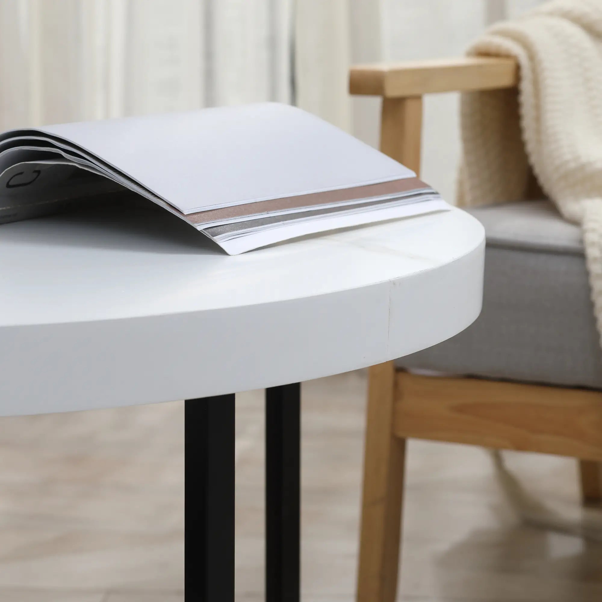 Round Coffee Table with Marble Effect MDF Top and Metal Legs, Φ80x45 cm, White