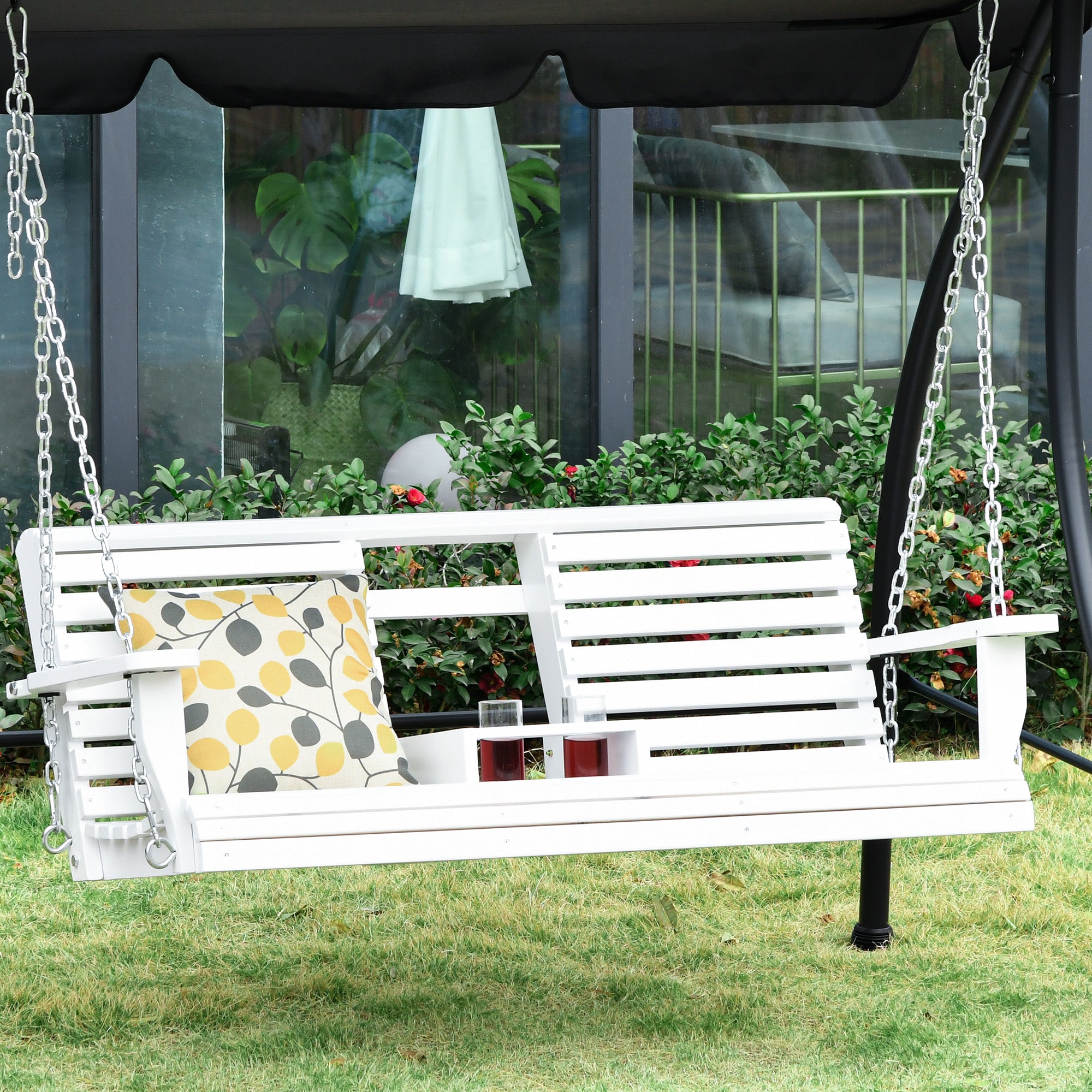 Outsunny 3-Seater Outdoor Swing with Central Table and Cup Holder, Made of Wood and Metal, 150x75x53 cm, White