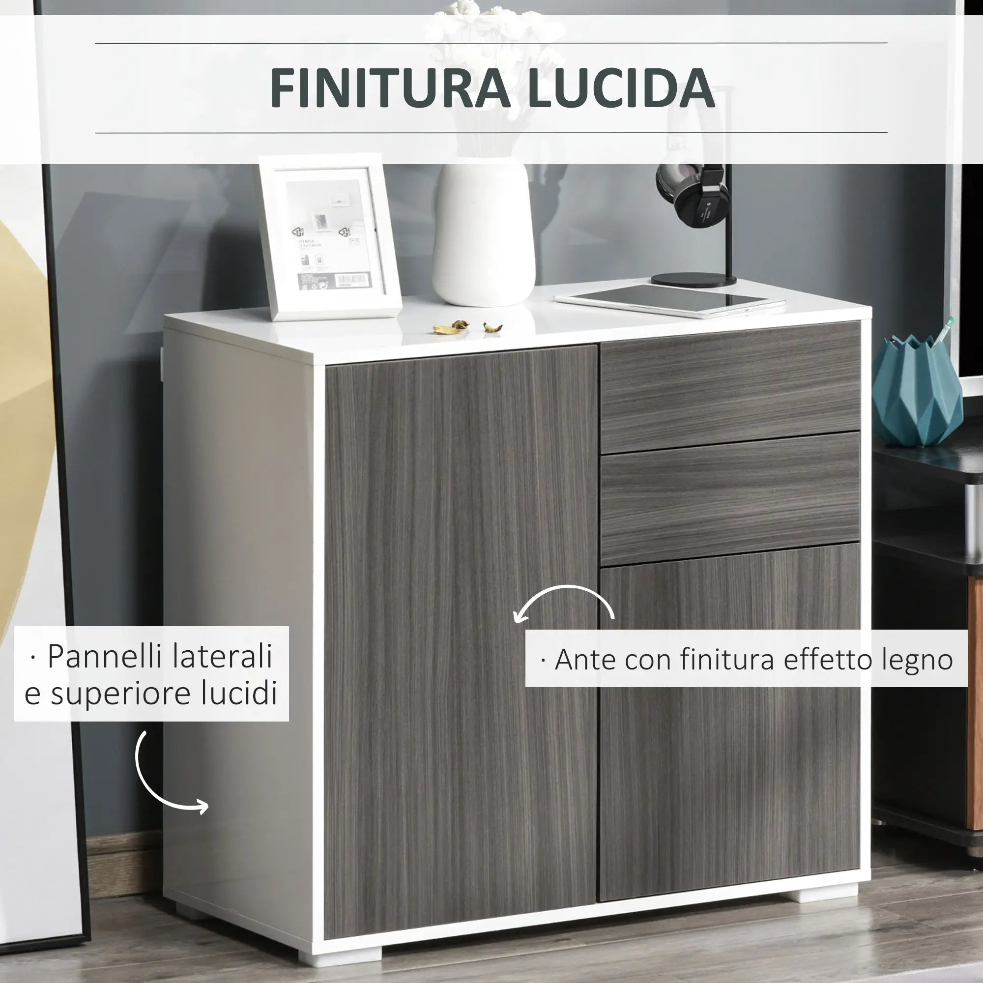 2-Drawer, 2-Door Cabinet, Push-Open, 2-Drawer, 2-Door Storage Unit for Home and Office, 79x36x74cm, Light Grey and White