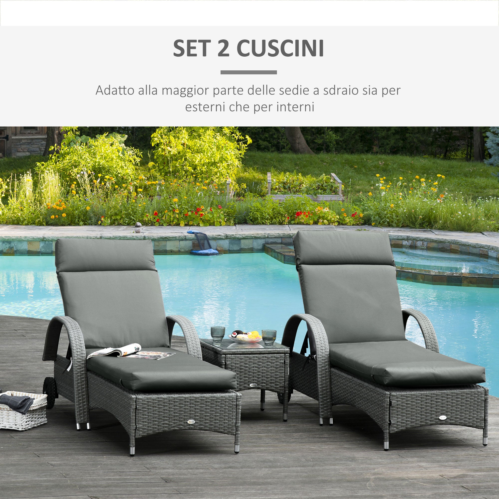 Outsunny Set of 2 Outdoor Lounger Cushions Padded in Cotton with Straps, 196x55x8 cm, Dark Grey