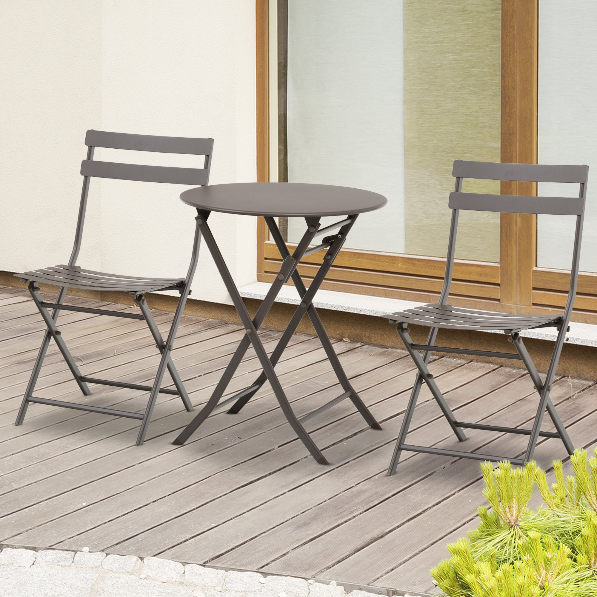 3-Piece Folding Garden Table and Chairs Set, Brown Steel, for Balcony, Terrace, Outdoor