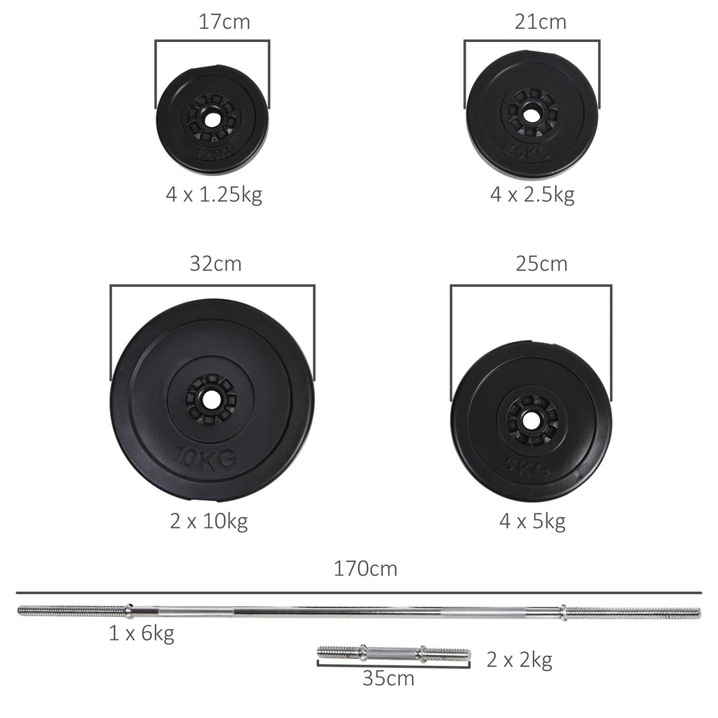 65kg Barbell and Disc Set with 2 Dumbbells, Gym Barbell Dumbbells with 14 Steel and Plastic Discs