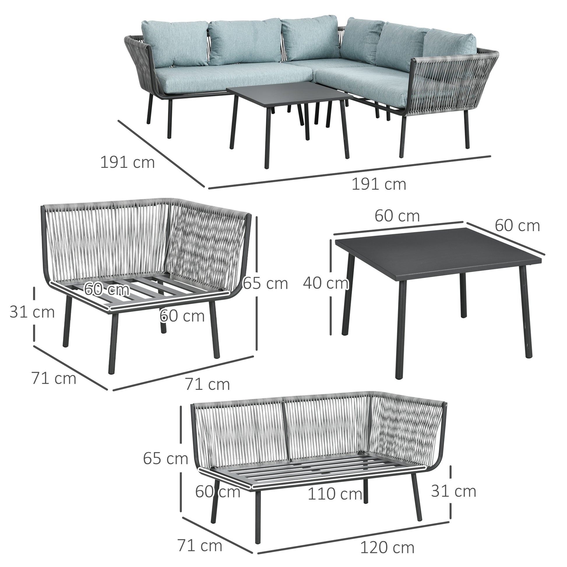 4-Piece Rattan Garden Set with Coffee Table, 2 Corner Sofas and Armchair, Black Gray and Blue - Borgè