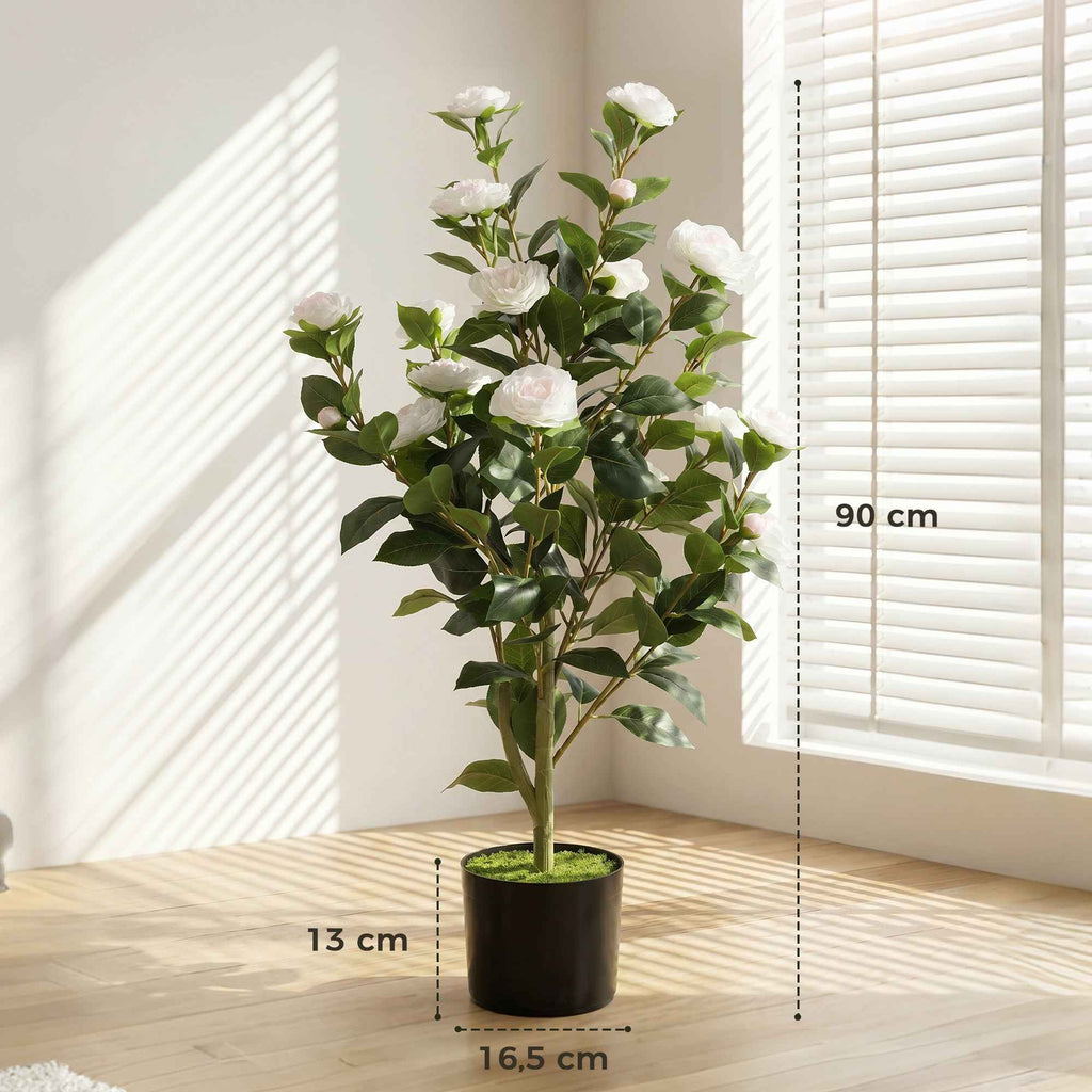 HOMCOM Artificial Camellia Plant with Realistic Flowers, 176 PEVA Leaves and Black Cement-Filled PP Pot, White