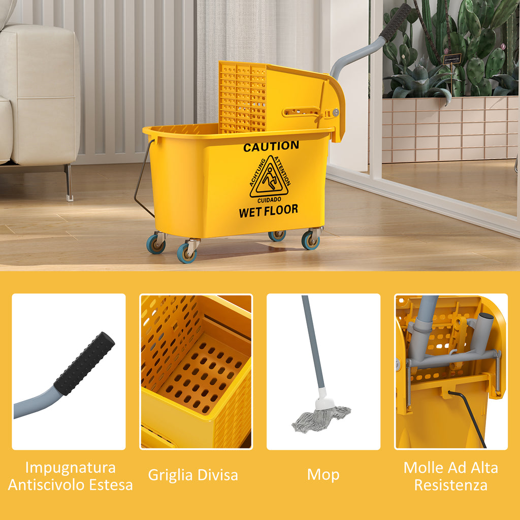 Professional 20L Floor Mop Bucket with Mop, Wringer, Wheels and Handle, 45x26.5x70 cm, Yellow