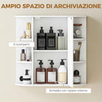Bathroom Mirror Cabinet with 6 Open and 2 Closed Shelves, 66x17x63 cm Bathroom Cabinet with Mirror, Glass Wall Cabinet, White