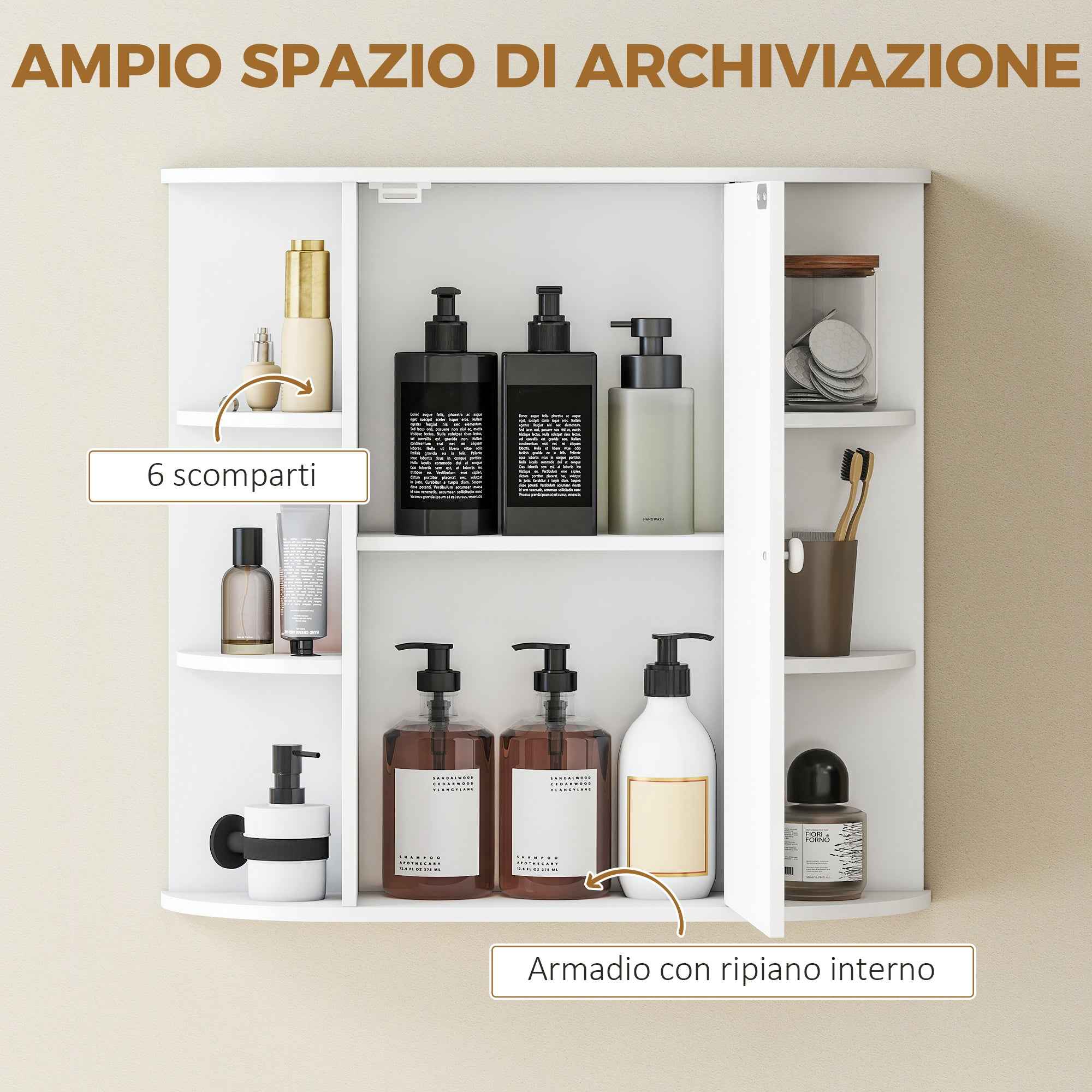 Bathroom Mirror Cabinet with 6 Open and 2 Closed Shelves, 66x17x63 cm Bathroom Cabinet with Mirror, Glass Wall Cabinet, White