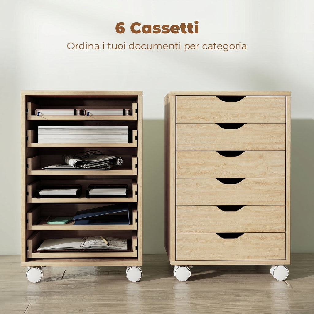 HOMCOM 6-Drawer Office Chest with 4 Wheels and Lock, 40x35x63 cm, Oak