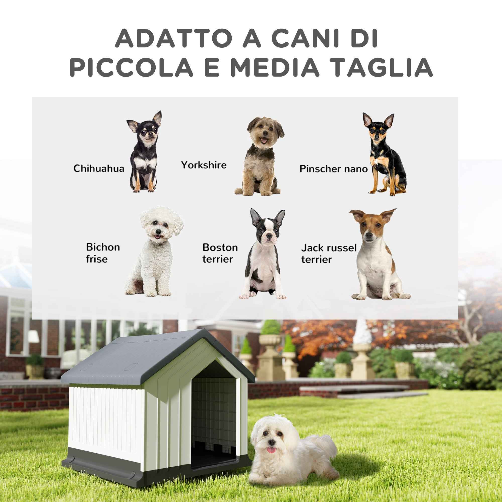 PawHut Waterproof Outdoor Plastic Dog House for Small and Mini Dogs with Window, 62x61x60 cm, Grey