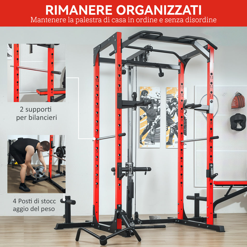 Fitness Station with Barbell Support and Pull-Up and Dip Bar, in Steel, 191x153x205 cm, Red and Black