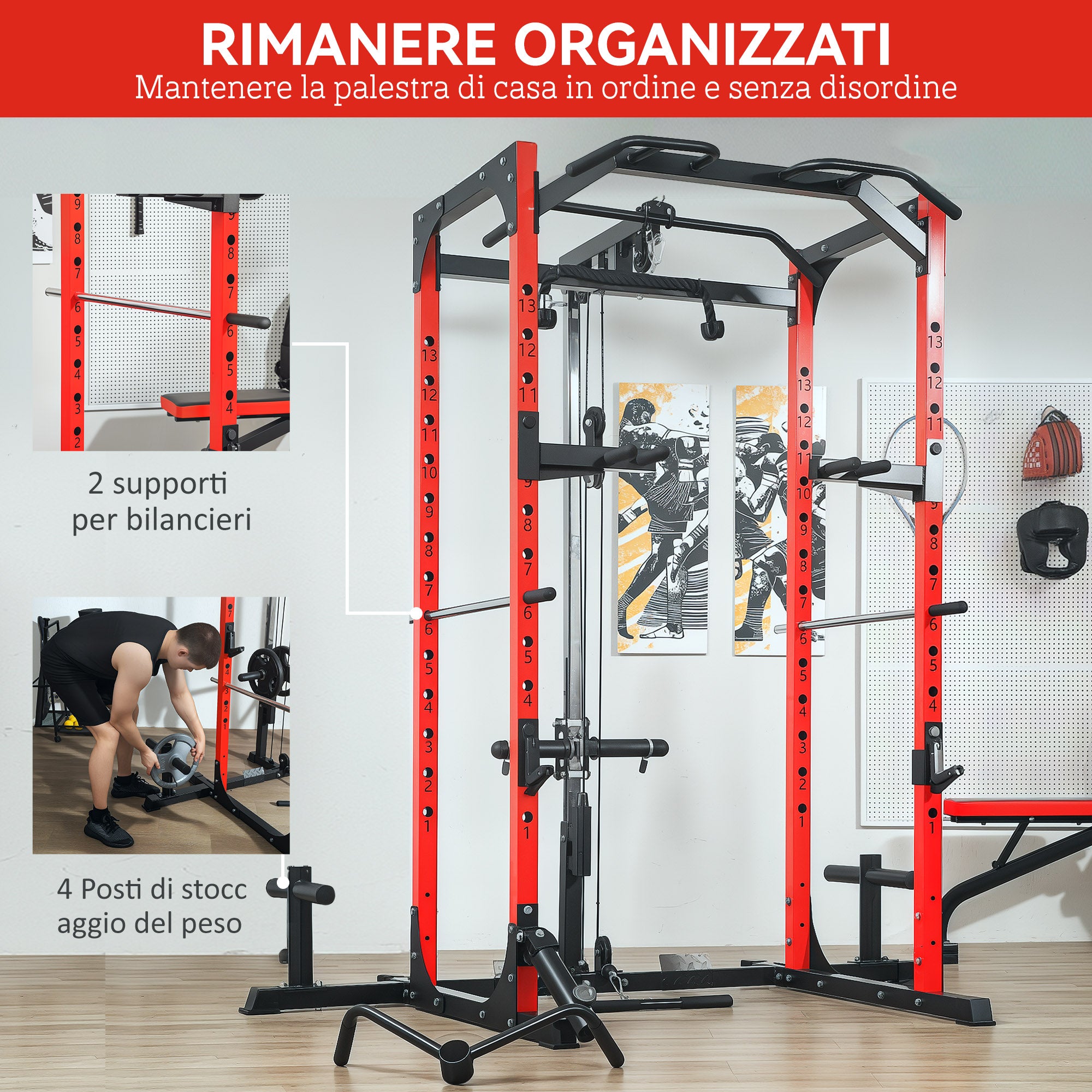 Fitness Station with Barbell Support and Pull-Up and Dip Bar, in Steel, 191x153x205 cm, Red and Black