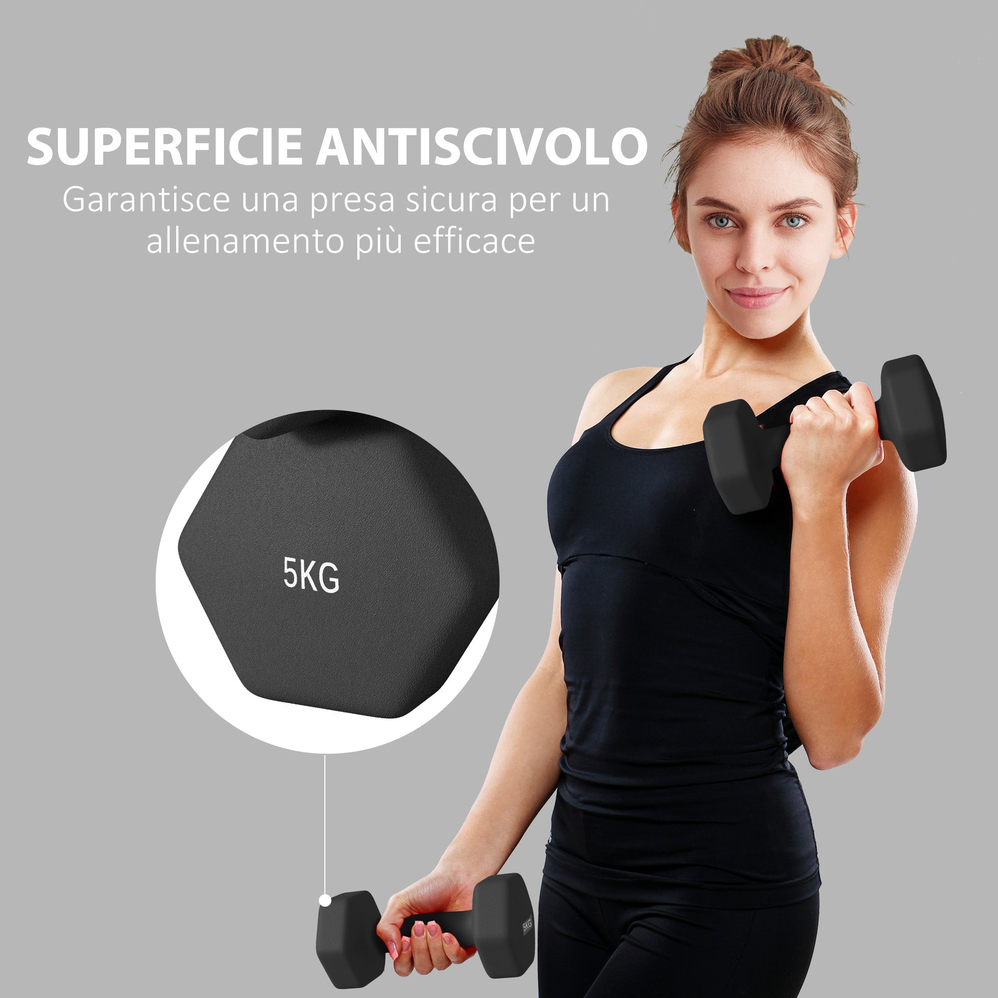 SPORTNOW Set of 2 Hexagonal Dumbbells weighing 2x5 kg in Metal and Plastic with Non-Slip Grip, 20x9x9 cm, Black