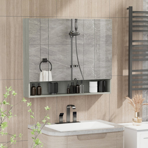 4 Section Mirror Cabinet with Adjustable Shelves, Wood and Glass, 90x15x75 cm, Grey