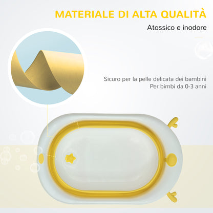 HOMCOM Foldable Baby Bath Tub for Children 0-3 Years with Temperature Indicator and Pillow, 81.5x50.5x23.5 cm, Yellow