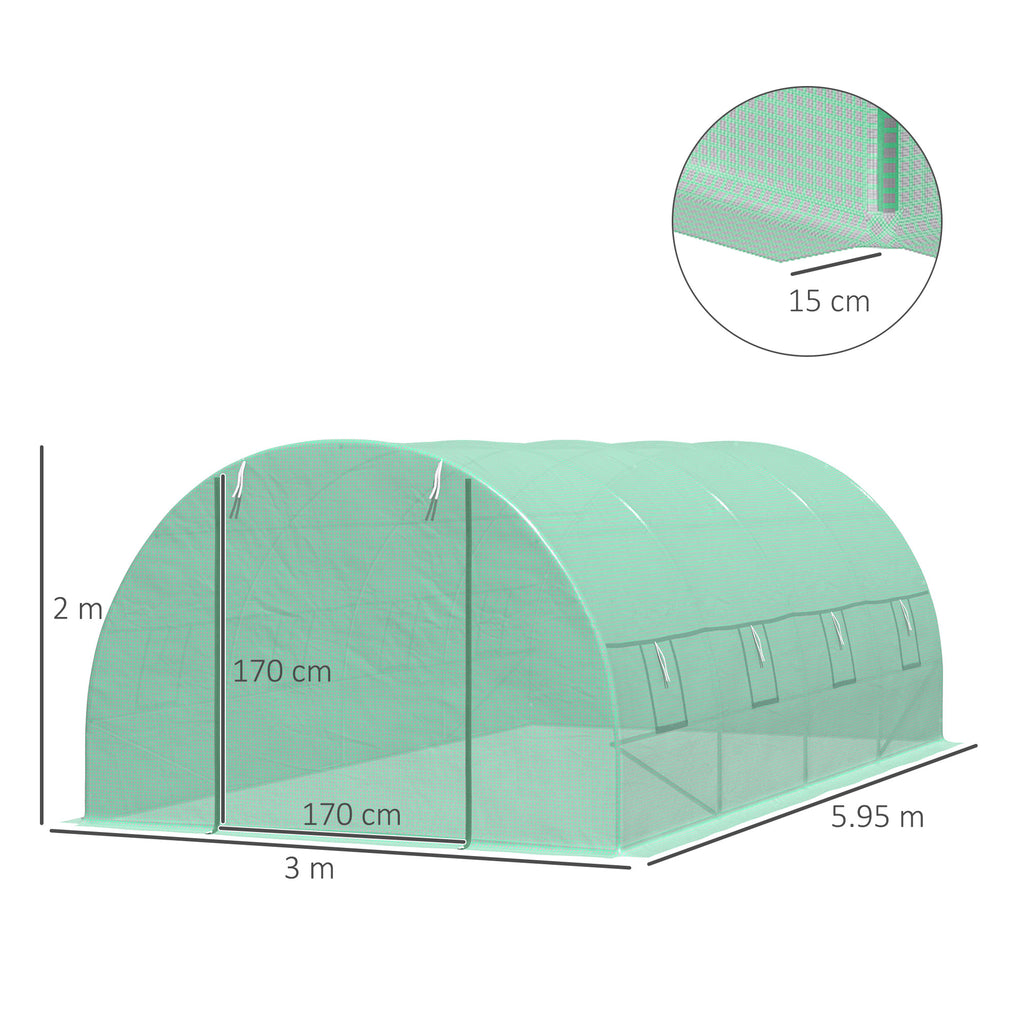 Outsunny Tunnel Greenhouse, Outdoor Vegetable Garden Greenhouse with Roll-Up Door and 8 Windows, 6x3x2 m, Steel and PE, Green