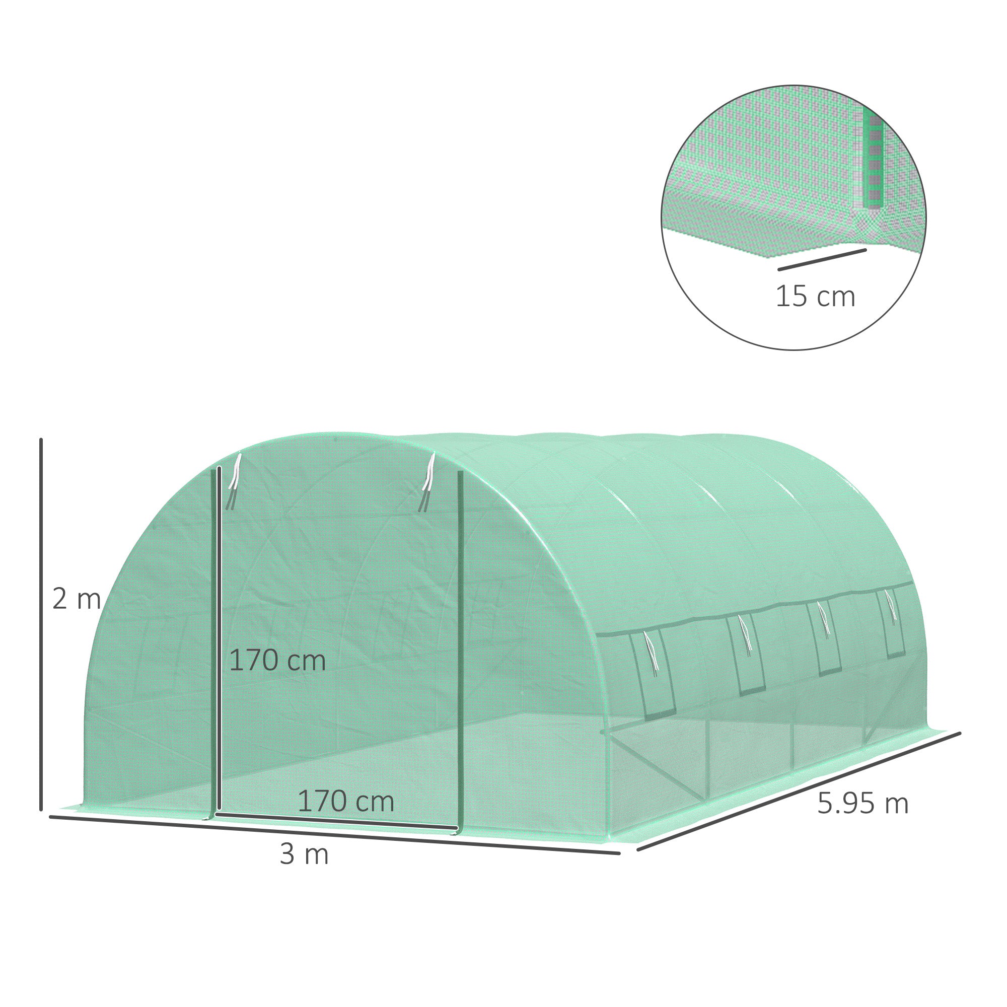 Outsunny Tunnel Greenhouse, Outdoor Vegetable Garden Greenhouse with Roll-Up Door and 8 Windows, 6x3x2 m, Steel and PE, Green