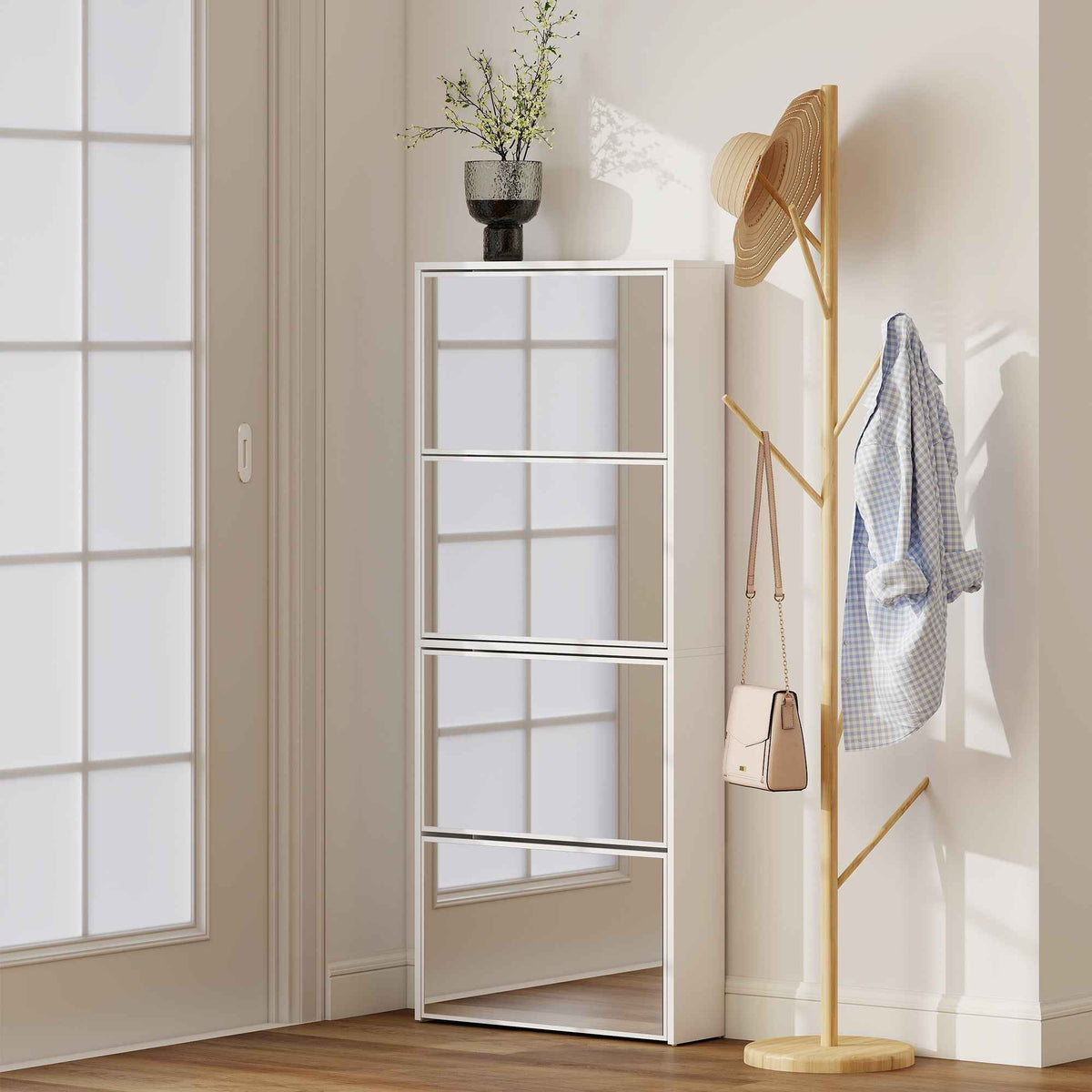 HOMCOM 4-Door Mirrored Shoe Rack, Anti-Tip, Wooden, 63x17x146 cm, White
