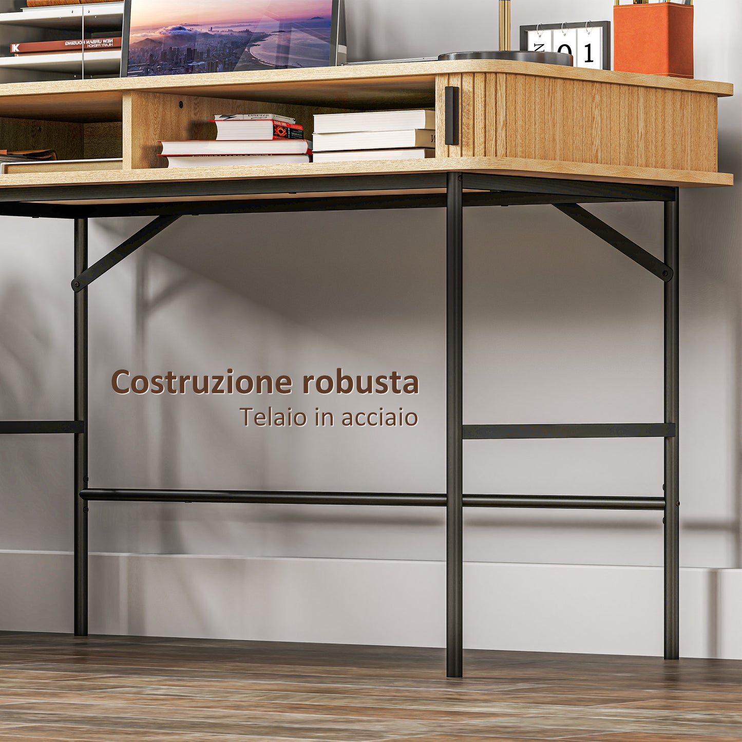 Bedroom and Office Desk with Fluted Doors, Wood and Steel 120x60x76.5cm, Oak and Black