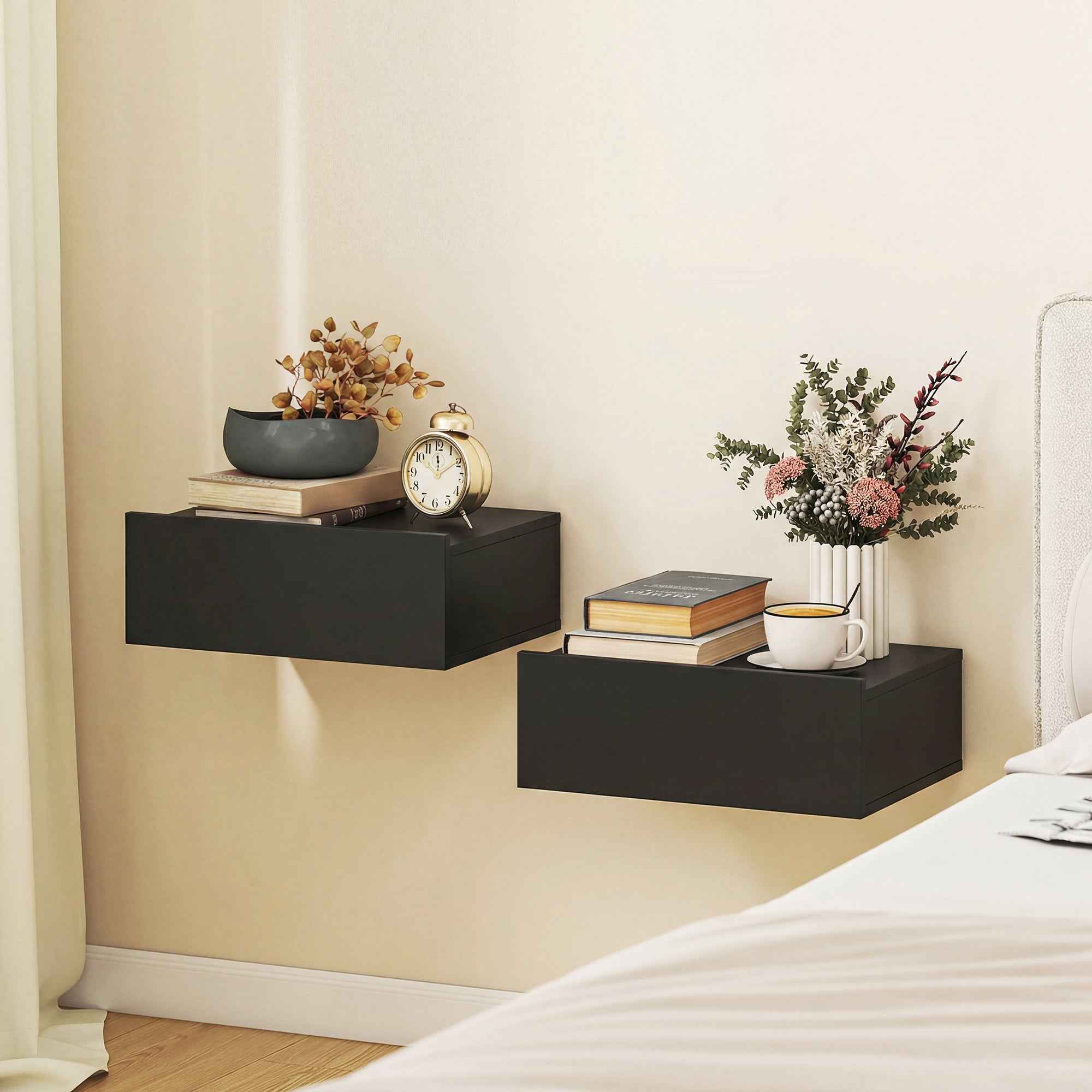 HOMCOM Set of 2 Modern Floating Bedside Tables with Wooden Drawer, 40x30x15cm, Black