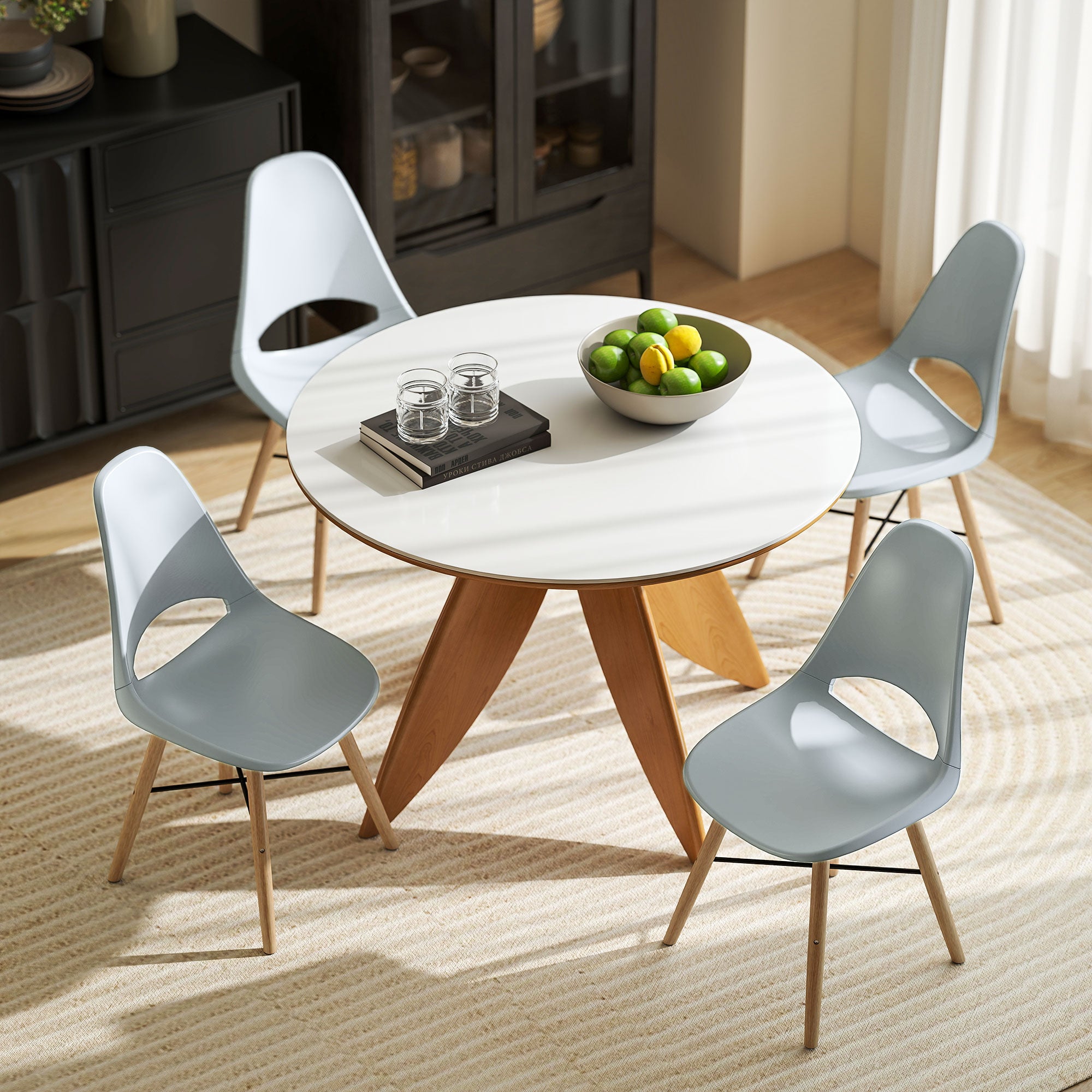Set of 2 Nordic Style Plastic and Wood Dining Chairs with Curved Backrest, Grey