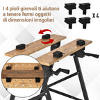 Folding Workbench with 4 Vices, Ruler and Protractor, 150 kg Capacity, Black and Wood