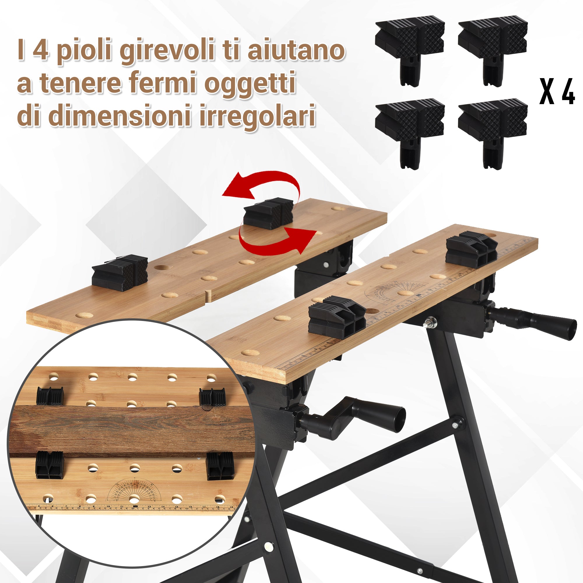 Folding Workbench with 4 Vices, Ruler and Protractor, 150 kg Capacity, Black and Wood