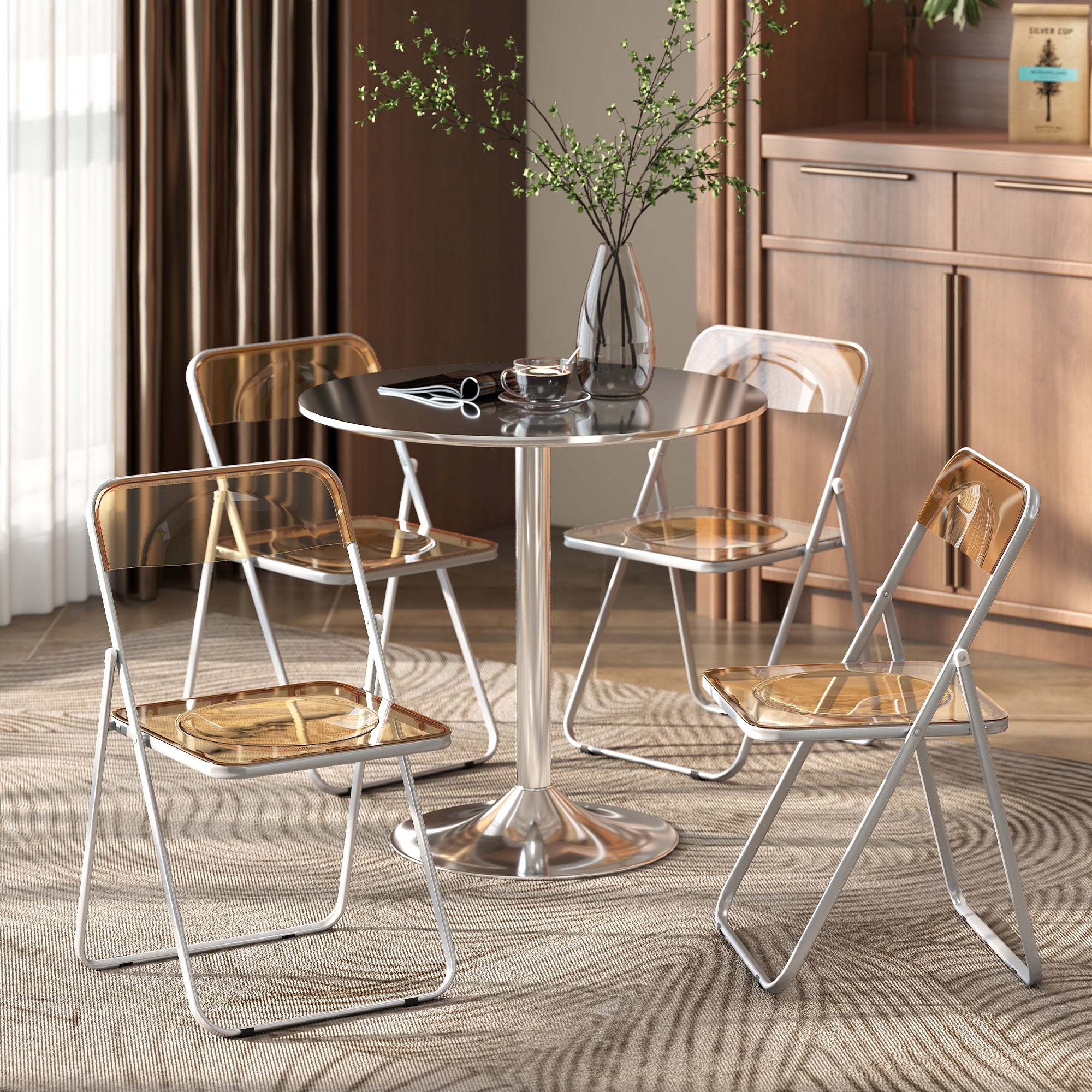 Set of 4 Space-Saving Folding Chairs for Living Room and Events, Steel and Acrylic, Orange