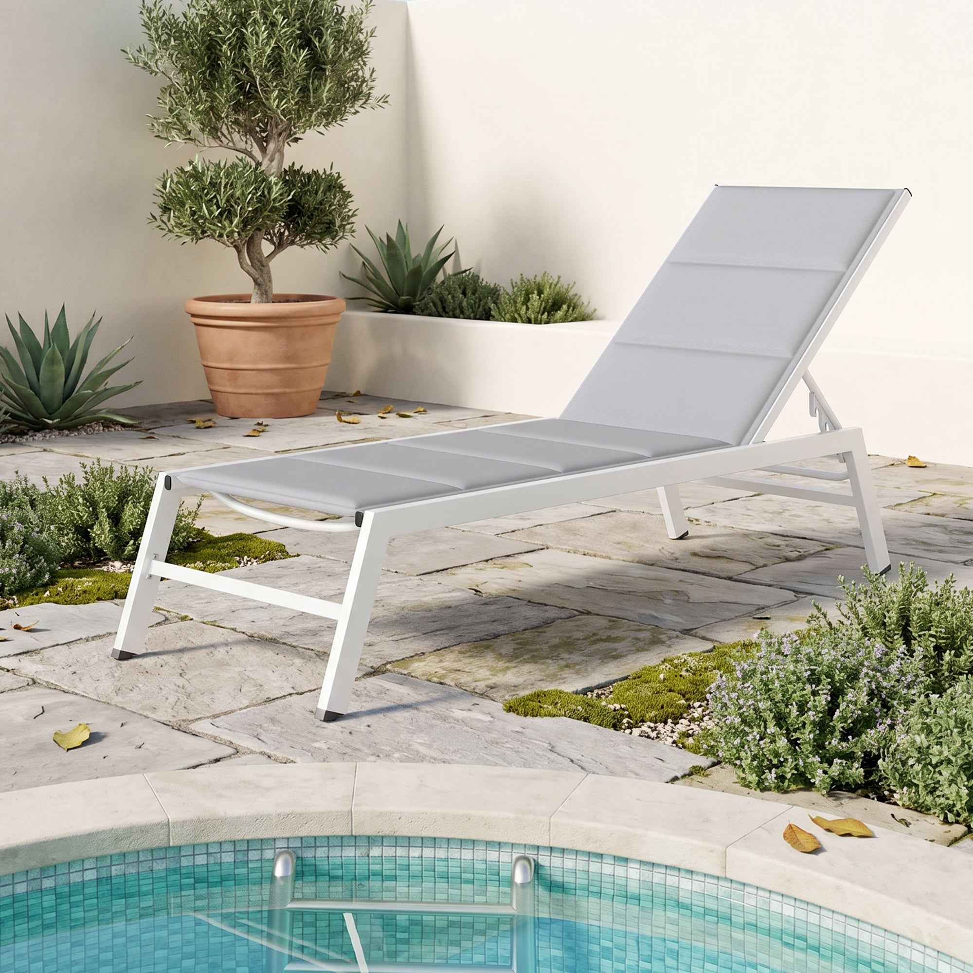 Outsunny Padded Deck Chair, 6-Position Backrest, Aluminum Frame, 120 Kg Capacity, Light Gray