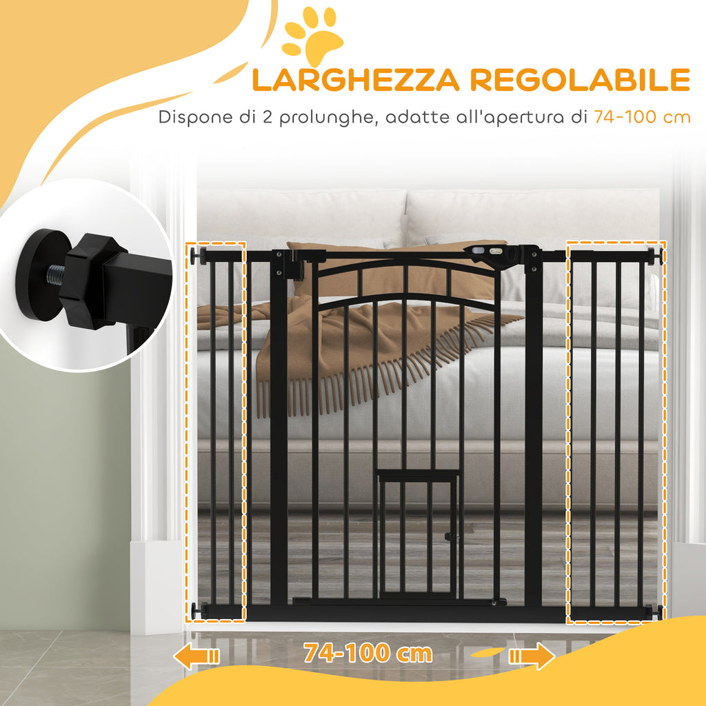 Dog Gate for Small and Medium Sizes with Automatic Closing, in Steel and PA, 74-100x76 cm, Black