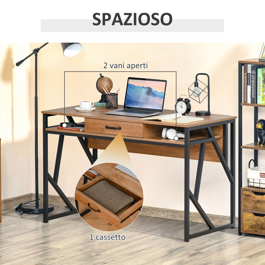 Modern Industrial Style Metal and MDF Desk, Shelves and Drawer for Home and Office, 120x60x76cm Black and Brown