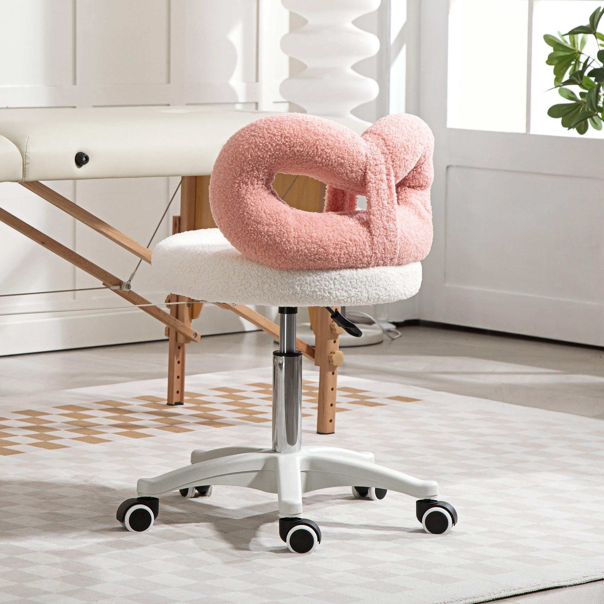 Height-Adjustable Swivel Stool with Arched Backrest, Teddy Fabric, 50x50x63-77 cm, White and Pink