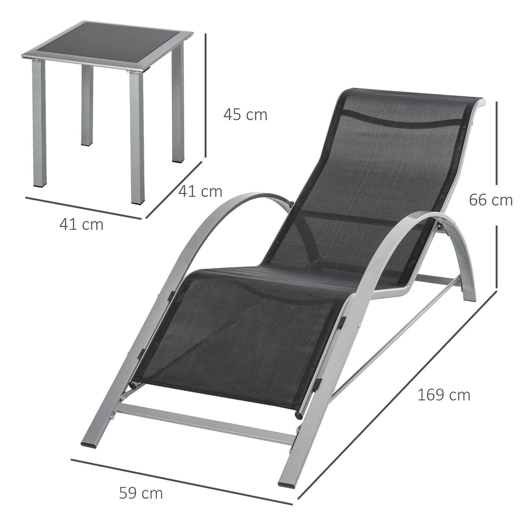 Outsunny Set of 2 Garden Loungers and Glass Table, Sun Lounger with Breathable Fabric, 59x169x66cm, Black and Grey