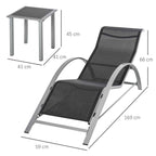 Outsunny Set of 2 Garden Loungers and Glass Table, Sun Lounger with Breathable Fabric, 59x169x66cm, Black and Grey