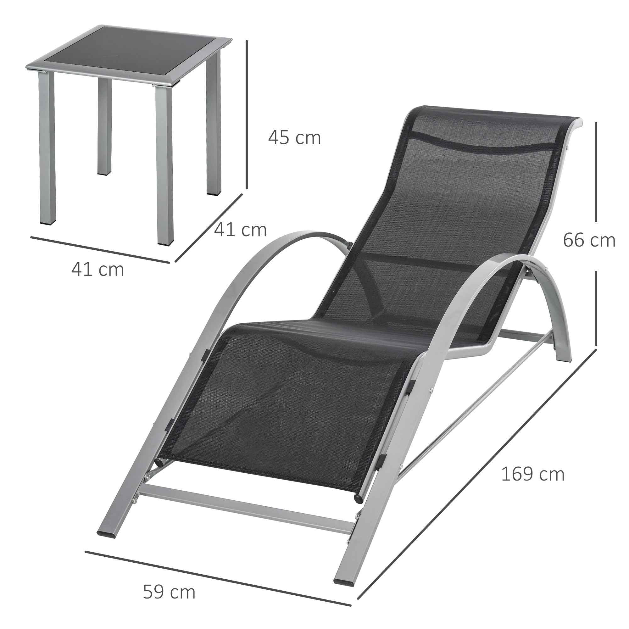 Outsunny Set of 2 Garden Loungers and Glass Table, Sun Lounger with Breathable Fabric, 59x169x66cm, Black and Grey