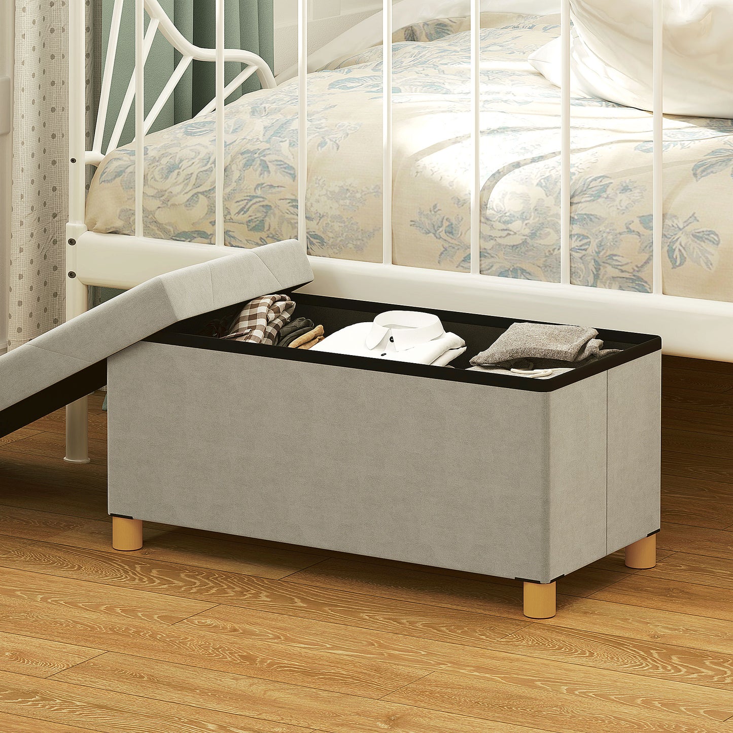 Storage Bench 67L , Padded Lid and Velvet Lining, 76x38x38cm, Cream