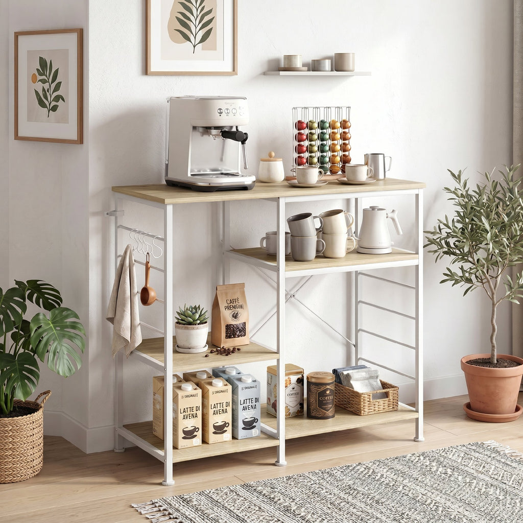 HOMCOM Kitchen Shelf with Wooden and Metal Shelves and 5 Hooks, Space-Saving, 90x39x83.5 cm, Oak