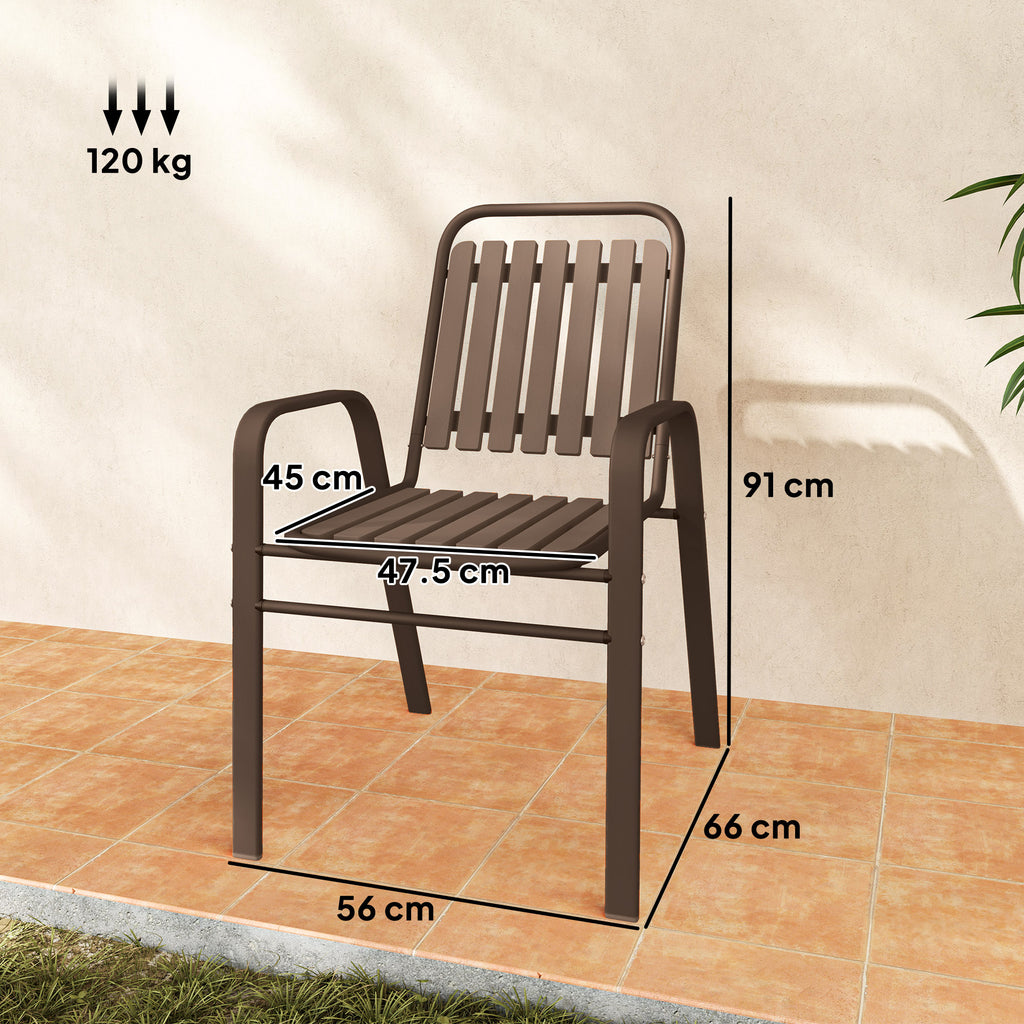 Set of 4 Stackable Outdoor Chairs with High Backrest and Armrests, in Steel and PP, 56x66x91 cm, Dark Brown